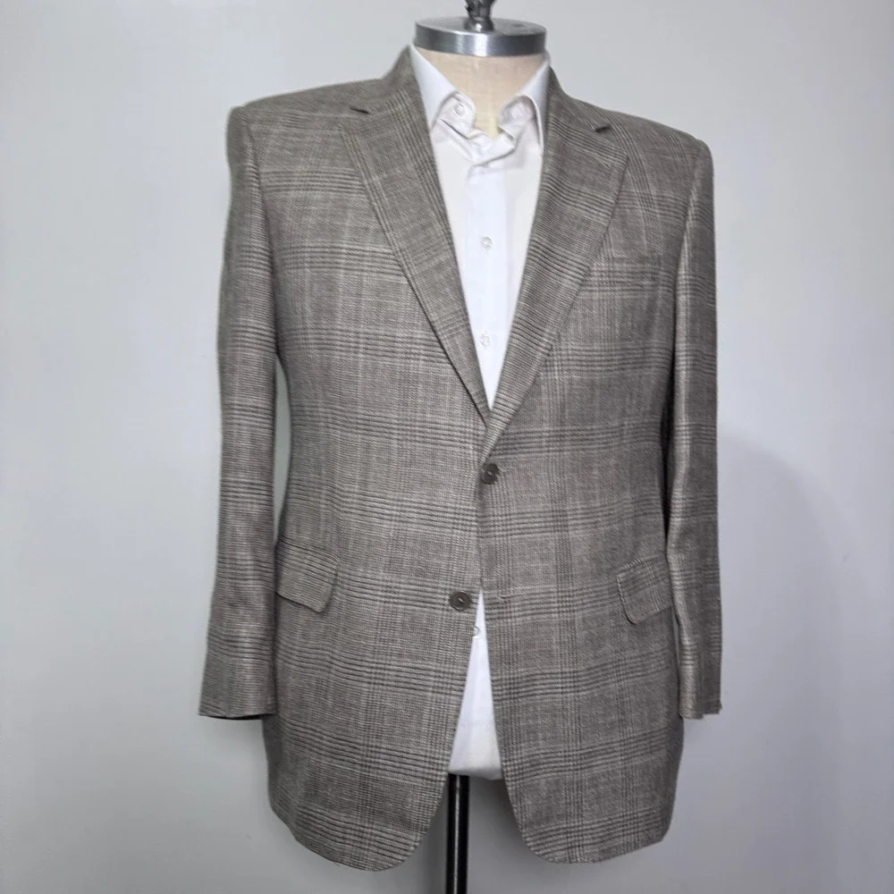 Jos. A. Bank Sport Coat Mens 43 RG Brown Glen Plaid‎ Wool Silk Linen Blazer